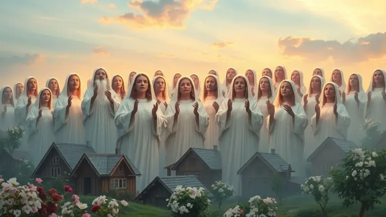 Saints singing in heaven with cottages and flowers.
