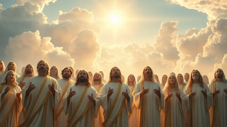 Saints singing in a celestial realm.