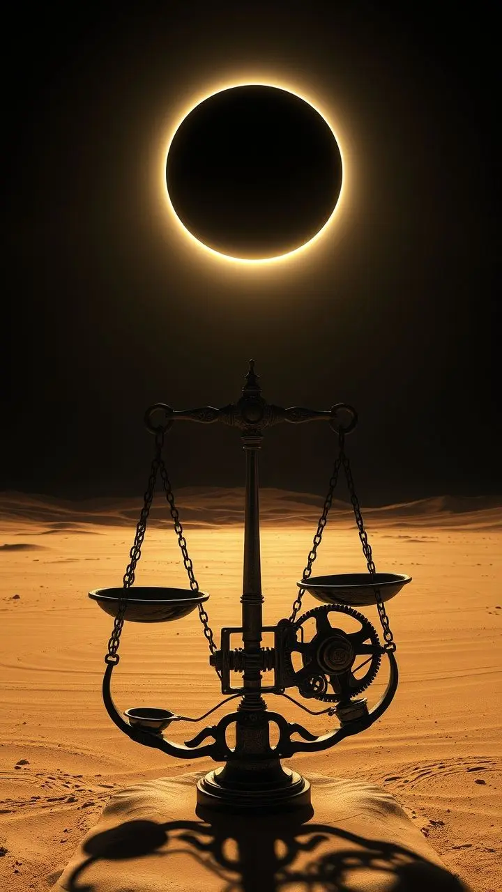 Surreal desert landscape during an eclipse with floating hospital walls and ancient scales in the foreground.