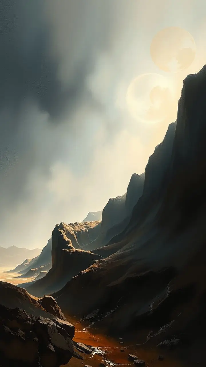 Oil painting of a landscape with dramatic light and shadow, showing effects of Milankovitch cycles.