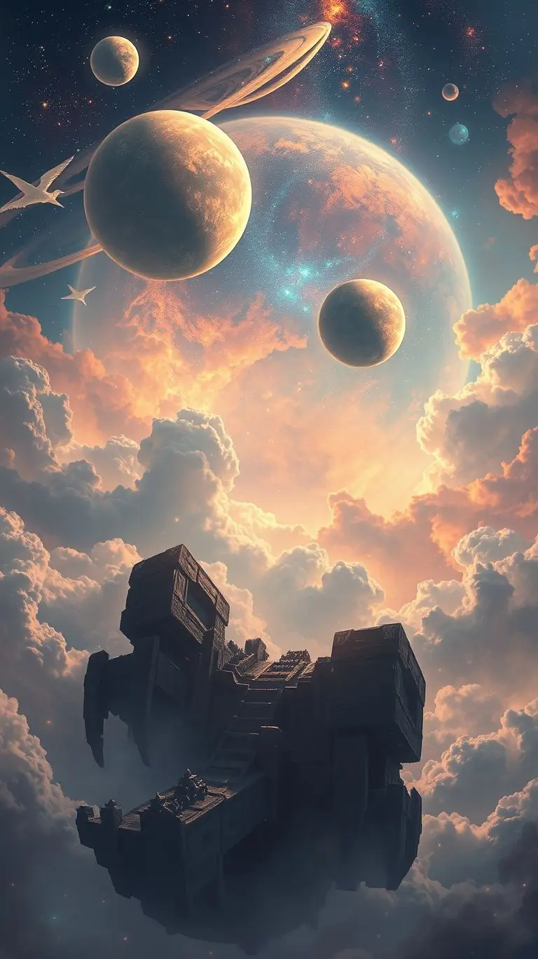 Fantasy art of nine glowing planets in a starry sky.