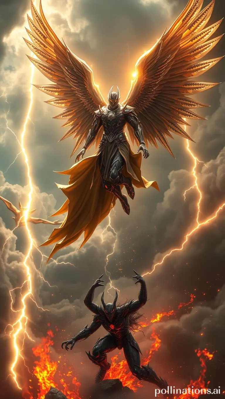 Angelic warriors in metallic armor with glowing wings fighting demons rising from fire.
