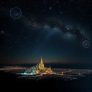 Night sky with constellations forming dinosaur cities.