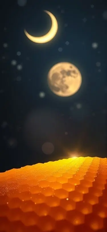 Night sky with moons and stars above a glowing honeycomb.