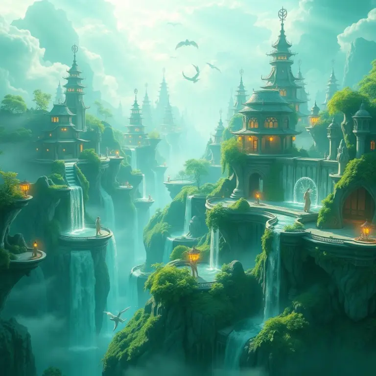 Floating city with waterfalls and greenery in jade and azure light.
