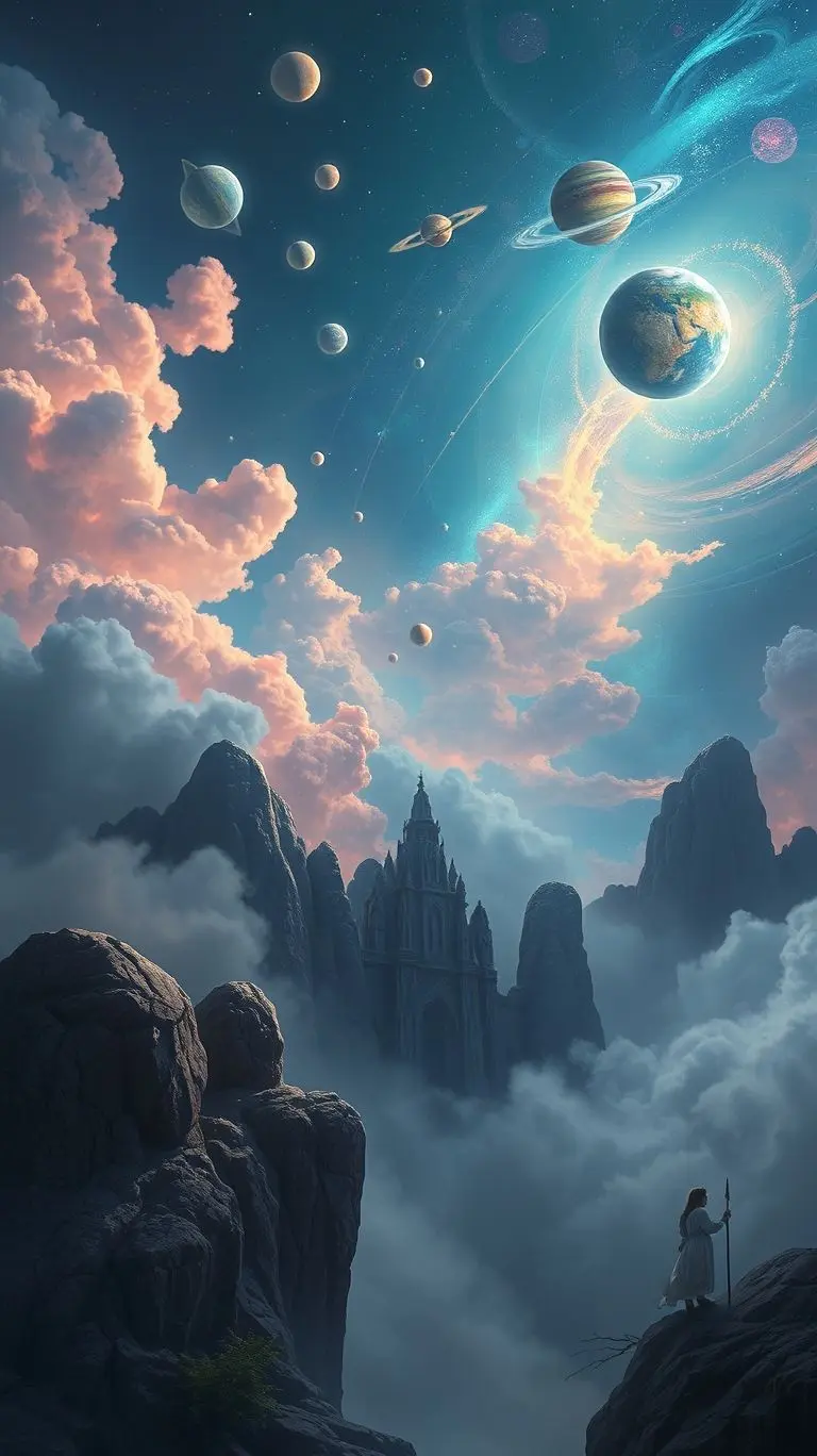 Fantasy art of nine glowing planets and bright stars in a colorful, magical sky.