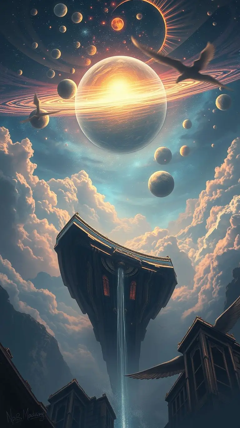 Fantasy concept art of nine glowing planets and bright stars in a vast, ethereal space.