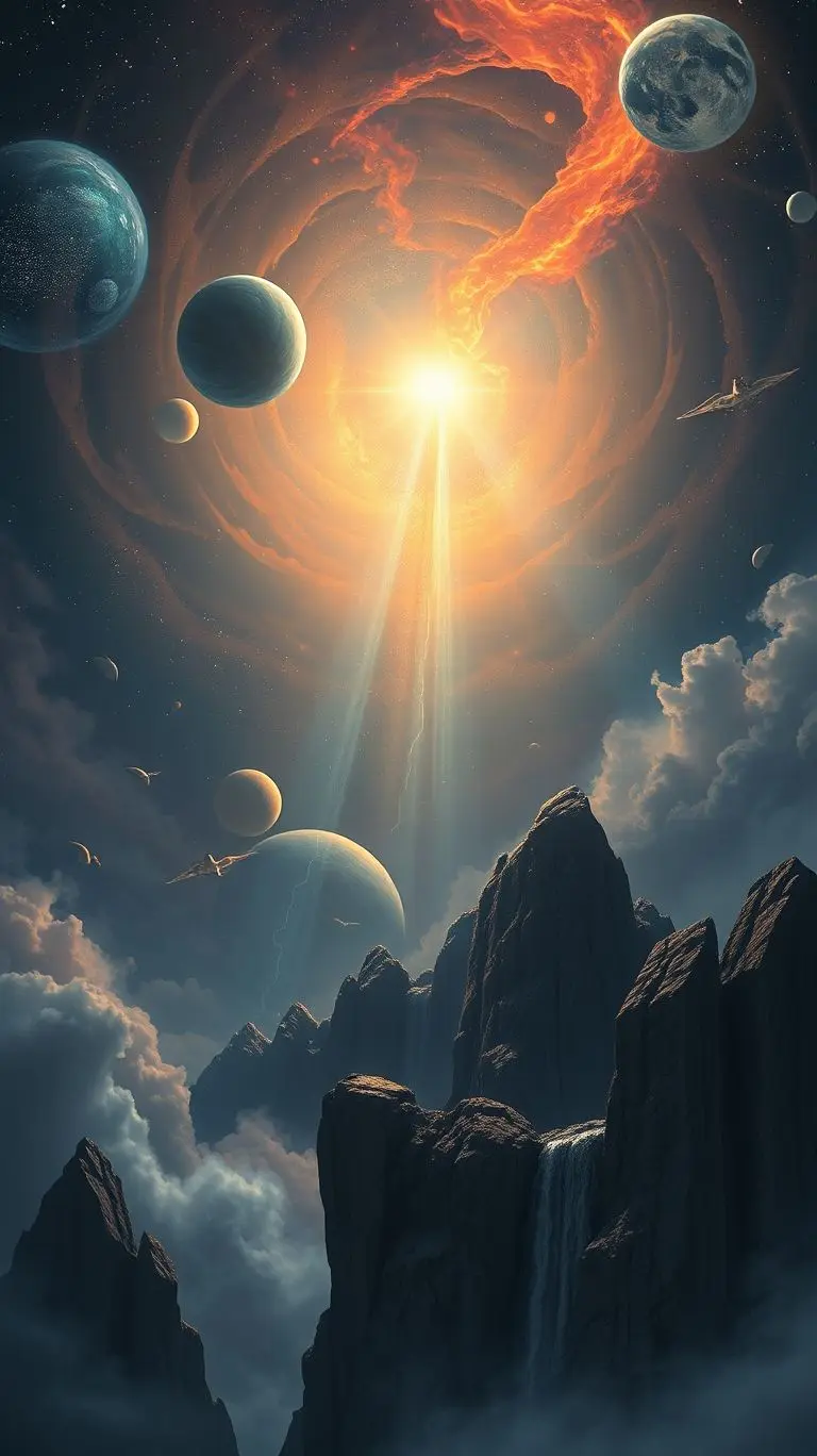 Fantasy art of a starry sky with nine glowing planets.