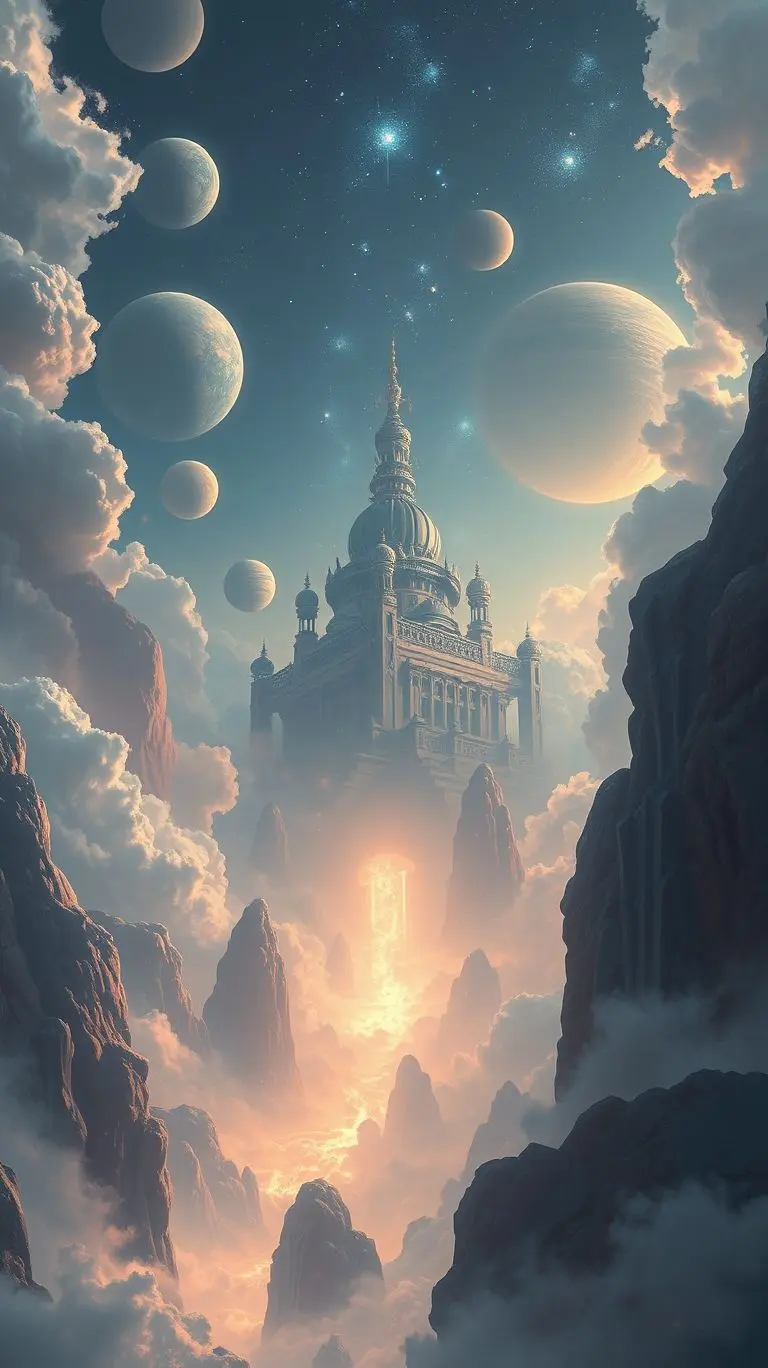 Fantasy art of nine glowing planets and bright stars in a vast, ethereal space.