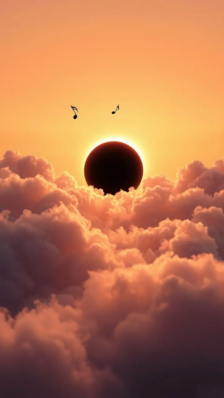 Surreal abstract art of eclipse turning to dawn with musical notes.
