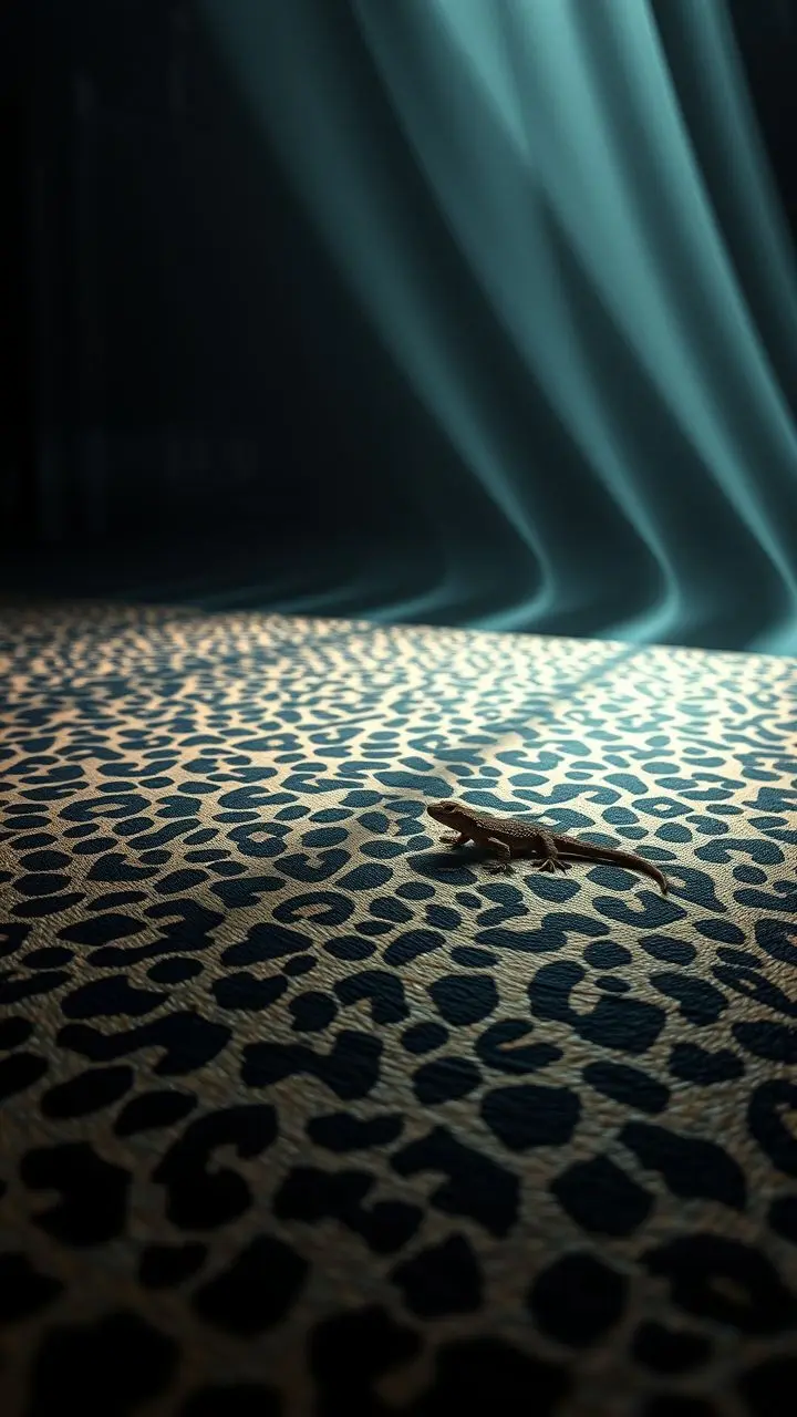 Leopard and gecko patterns blended on a textured surface with warped light beams.