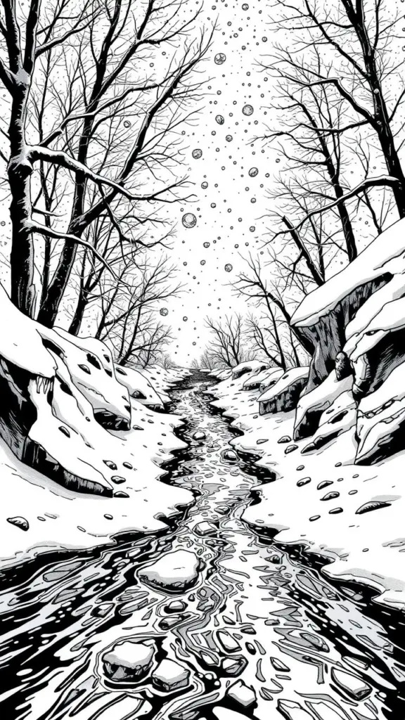 Comic book style illustration of a snowy scene with abstract elements.