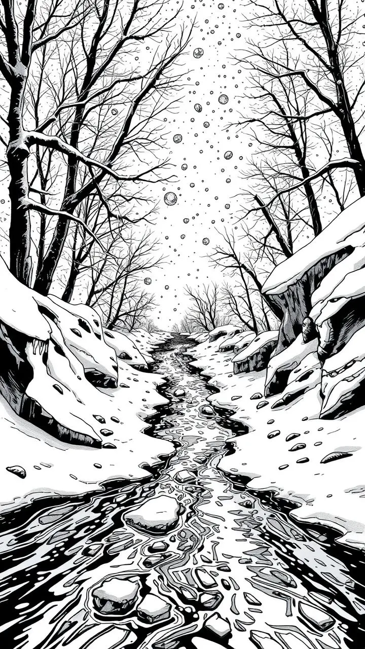 Comic book style illustration of a snowy scene with abstract elements.