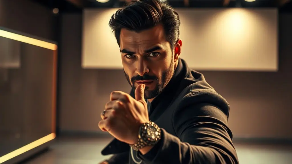 Actor resembling Behzad Khalaj in a dynamic pose, warm lighting, minimalist background.