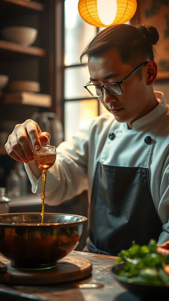 Chef Xiaoxia pouring aged vinegar.