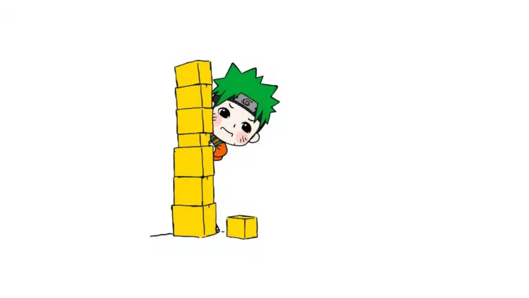 Chibi Naruto with green hair and orange tunic tries to build a yellow block tower that is falling apart, in a comic style.