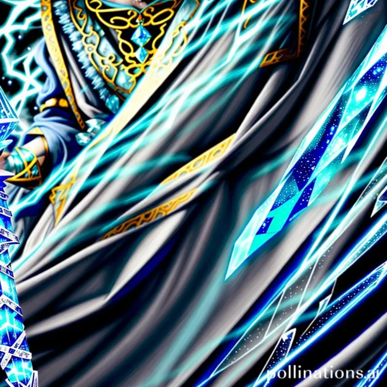 Chibi male scholar with blue hair and crystal details holding a glowing cup.