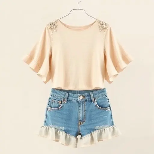 Minimalist crop top with embellishments, paired with embellished denim and ruffled skirt overlay.