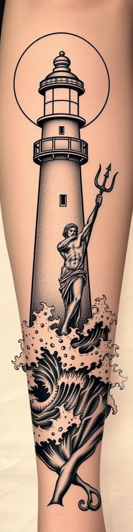 Chicano style tattoo design of a lighthouse and Poseidon on a calf.