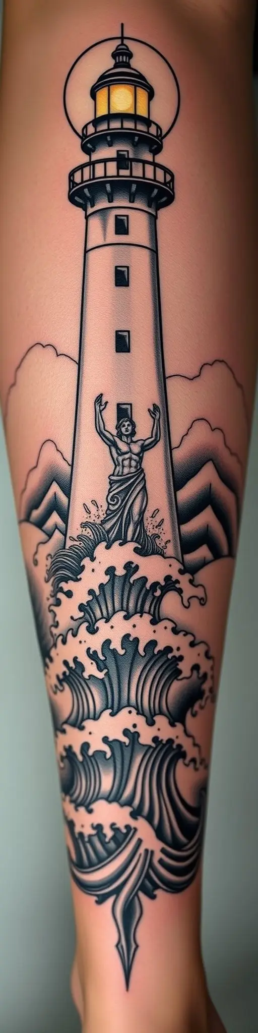 Chicano tattoo design on calf: lighthouse, moon, Poseidon statue, turbulent sea.