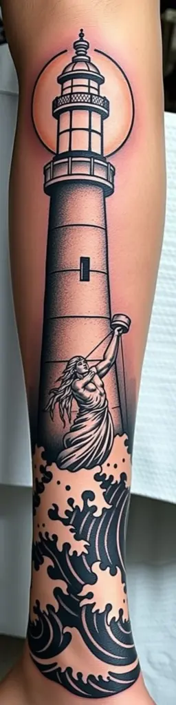 Chicano calf tattoo design with lighthouse, moon, and Poseidon.