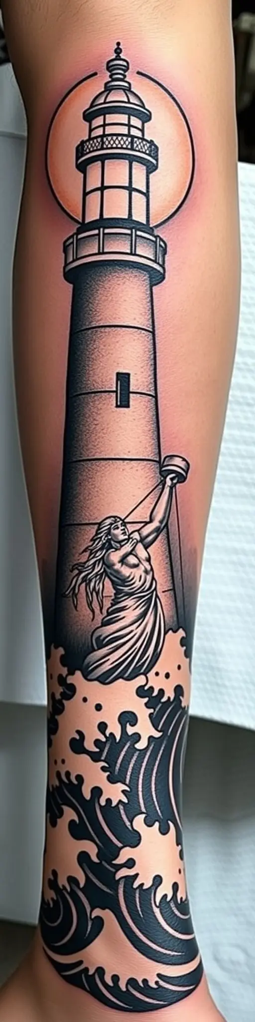 Chicano calf tattoo design with lighthouse, moon, and Poseidon.
