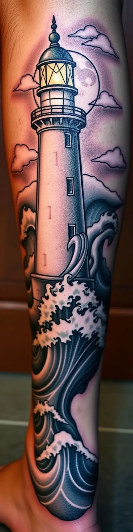 Chicano tattoo on calf with lighthouse, moon, and Poseidon.