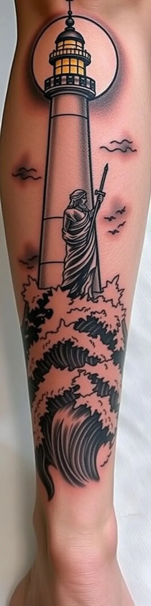 Chicano tattoo design on a calf showing a lighthouse, moon, and Poseidon statue.