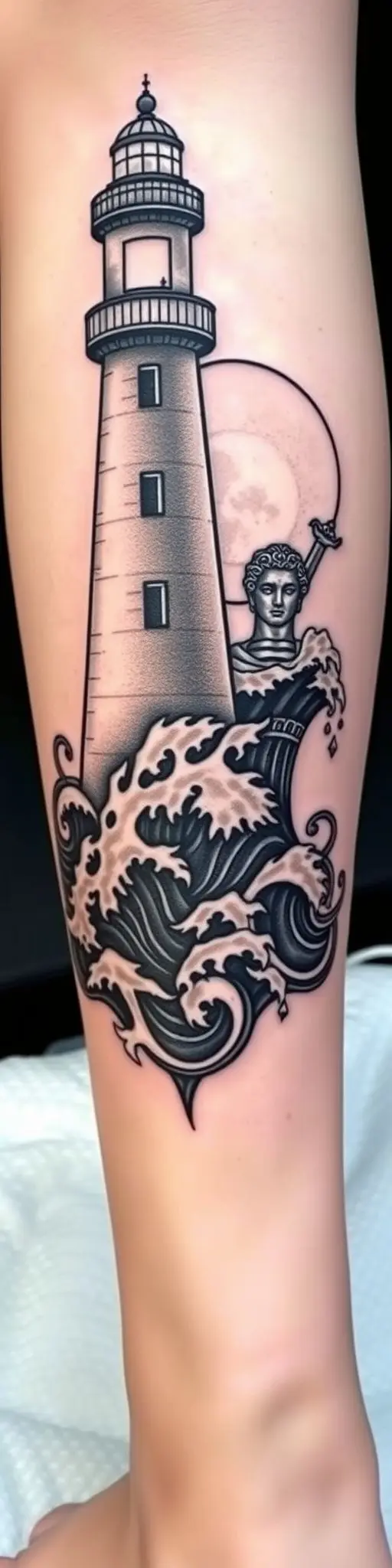 Chicano tattoo design of a lighthouse, moon, and Poseidon on a calf.