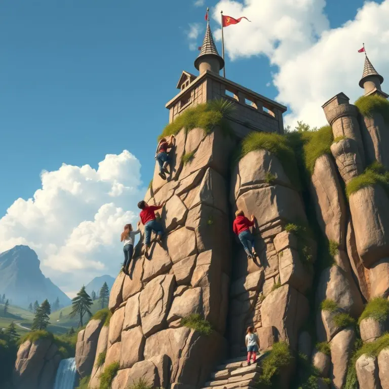 Kids climbing an enchanted wall