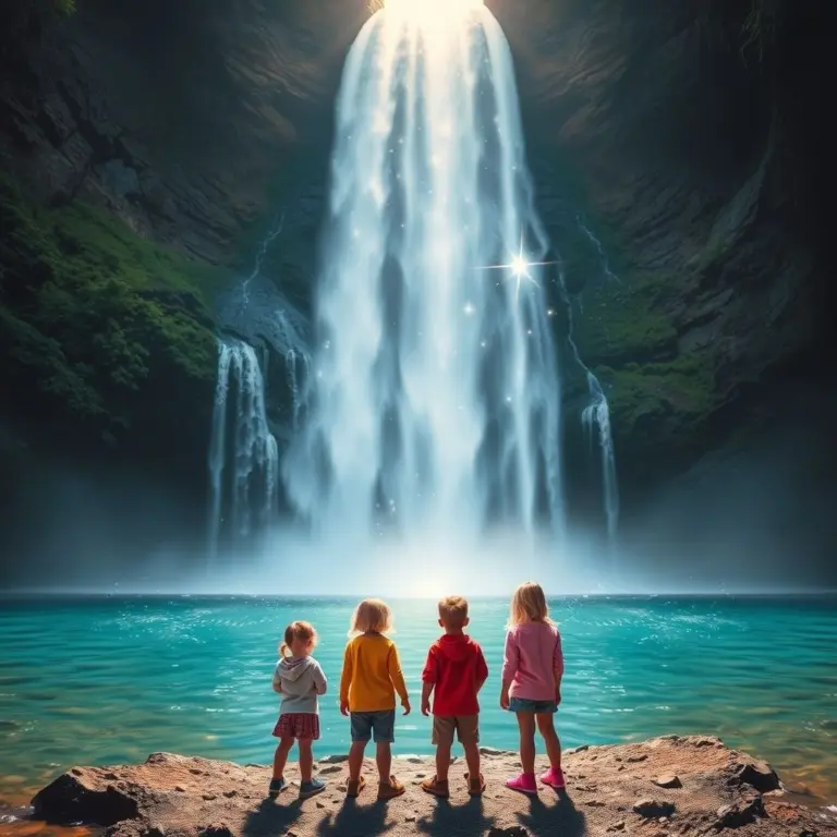 Kids looking at a sparkling magical waterfall.