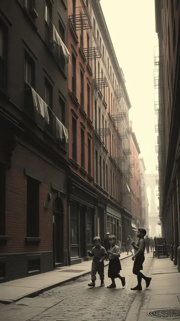 Black and white historical photo of barefoot children playing in a dirty 1910 Brooklyn alley with brick buildings and laundry.