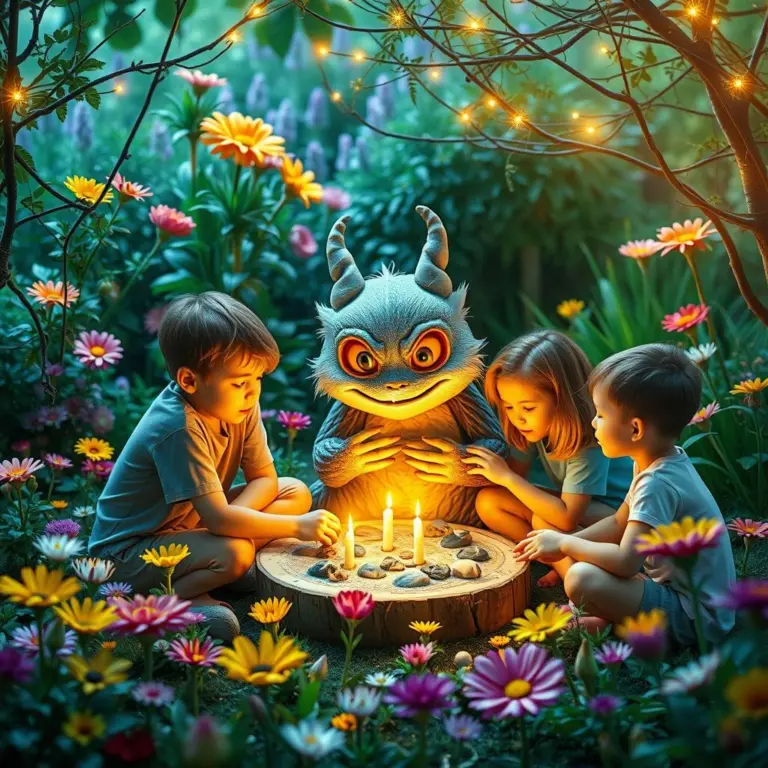 Children and magical creature in a colorful garden.