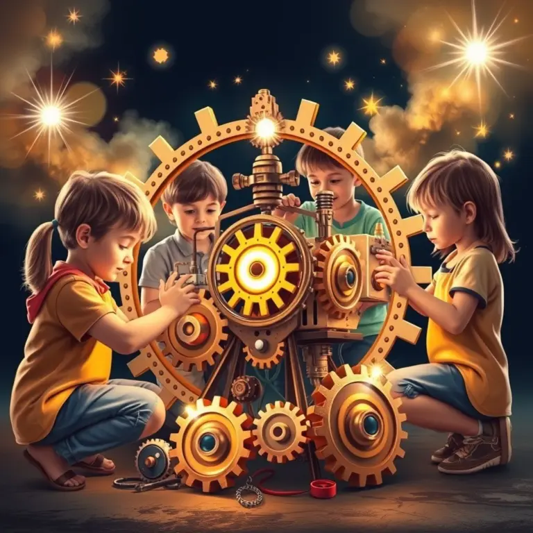 Children building a fantasy invention with gears and sparks.