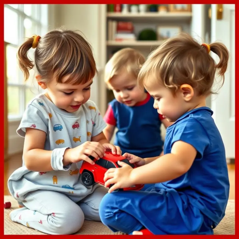 Two children looking for a red toy car during a scavenger hunt.