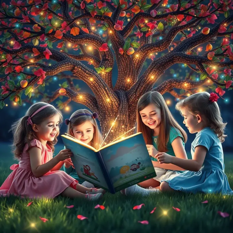 Kids crafting fairytales under a glowing tree.