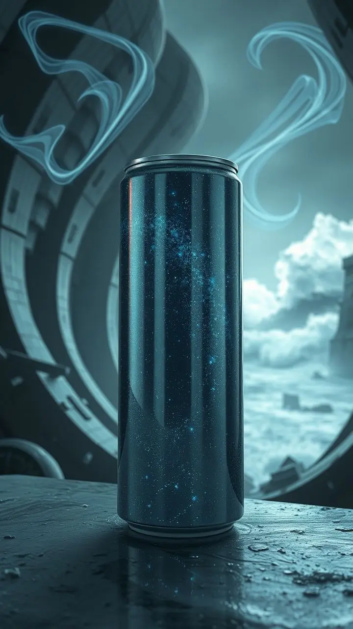 Energy drink can with storm and abstract patterns.