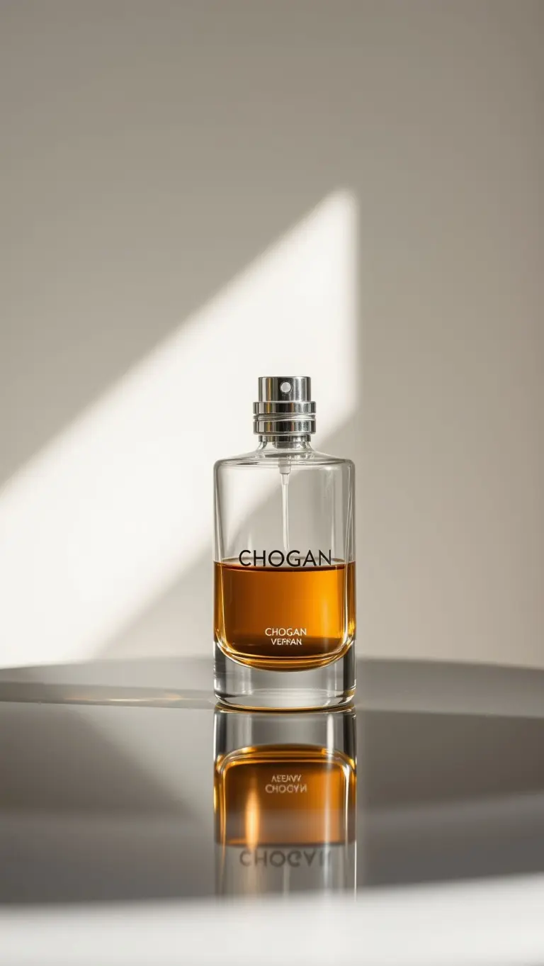 Minimalist Chogan perfume bottle on a reflective surface with soft lighting.