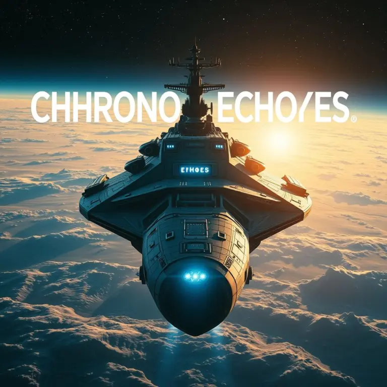 Retro sci-fi poster with neon title 'CHRONO ECHOES' and a spaceship.