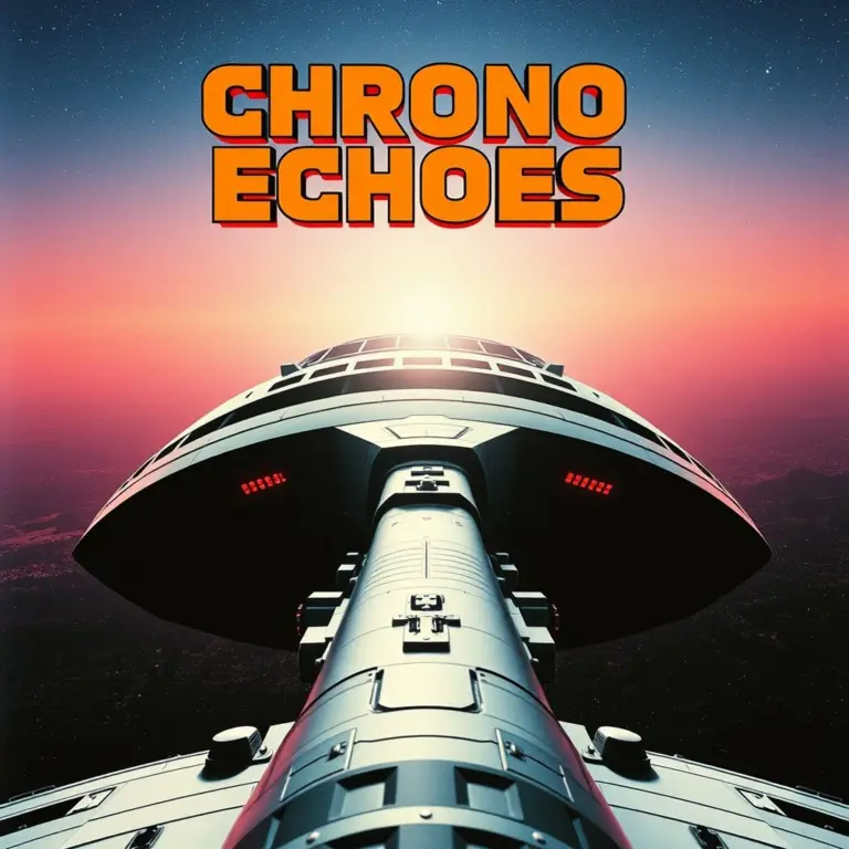 Retro 80s sci-fi movie poster with neon title 'CHRONO ECHOES' and vintage spaceship.