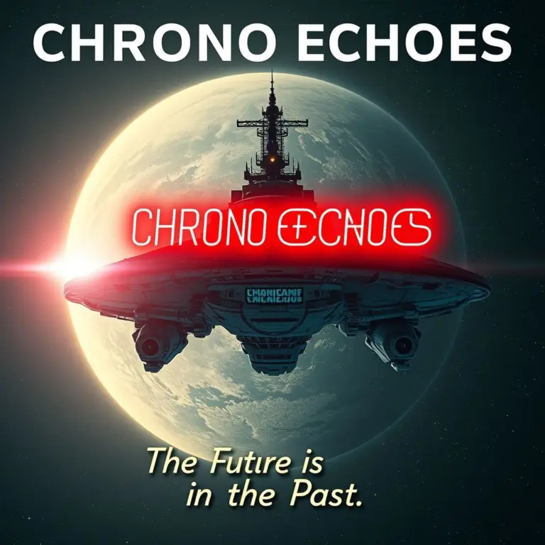 Retro sci-fi movie poster with neon title 'CHRONO ECHOES' and spaceship.