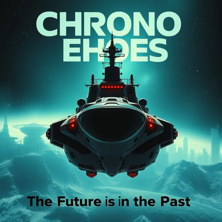 Retro sci-fi movie poster with 'CHRONO ECHOES' in neon and a vintage spaceship.