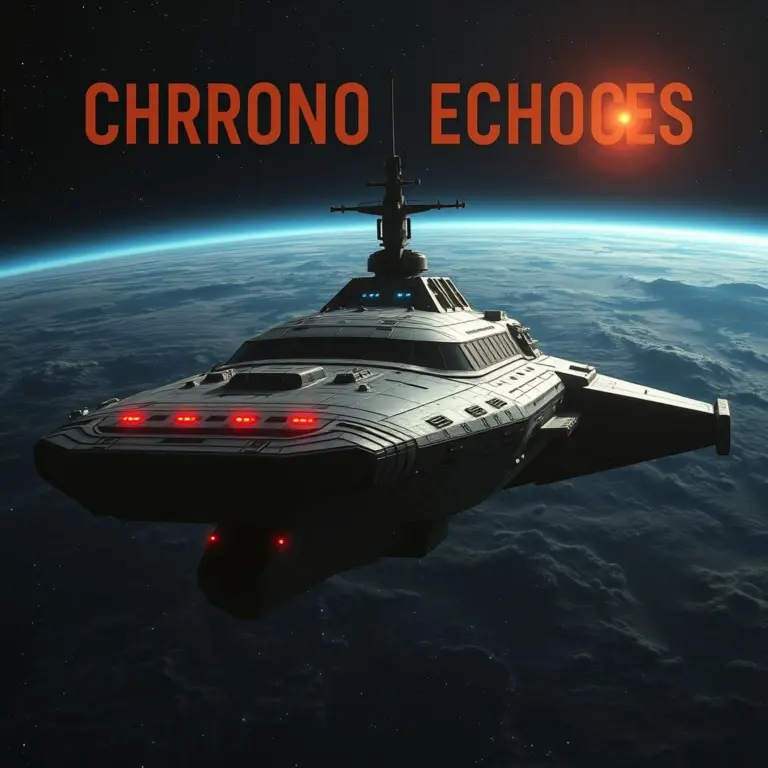 Retro sci-fi movie poster with neon title 'CHRONO ECHOES' and spaceship.