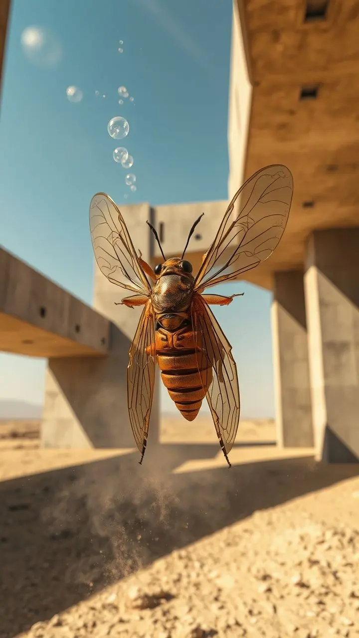 Close-up of a molting cicada with shimmering wings, inside a brutalist building during a dusty windstorm.