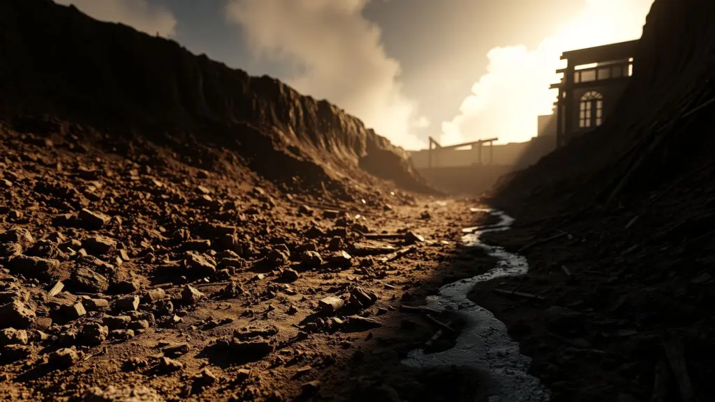 Cinematic view of a partially excavated site with muddy ground and the charred remains of a barrack.