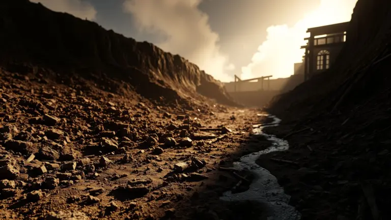 Cinematic view of a partially excavated site with muddy ground and the charred remains of a barrack.