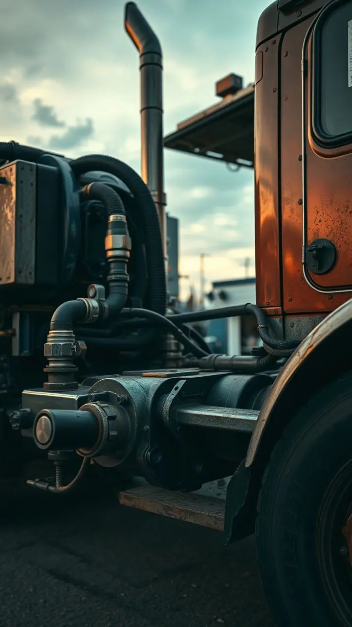 Close-up of a rugged industrial truck's quick connect kit at dusk, with cinematic film grain.