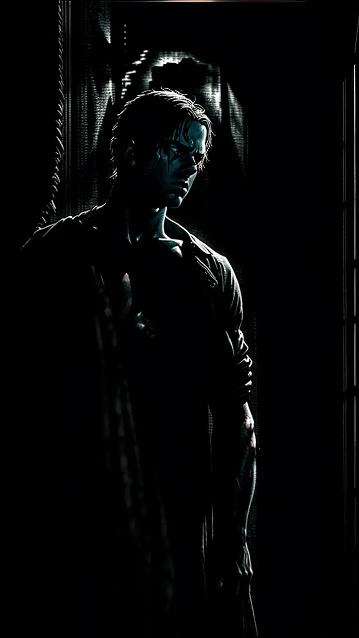 Cinematic scene with high contrast lighting and deep shadows.