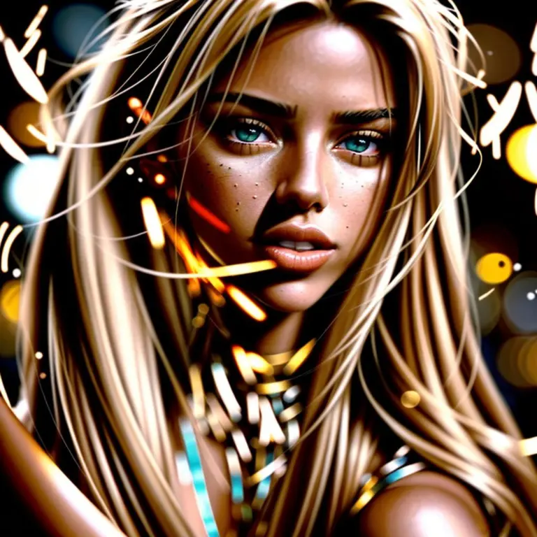 Adriana Lima with blonde hair in a cinematic portrait with bokeh.