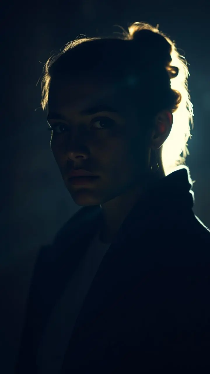 Portrait with dramatic rim lighting, highlighting face and shoulder contours.